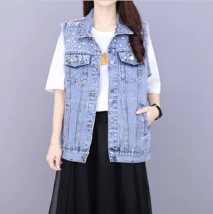 Fashion High Quality Rhinestone Ladies Jackets Pearls Beading Plus Size Blue Denim Coat Jean Jackets For Women
