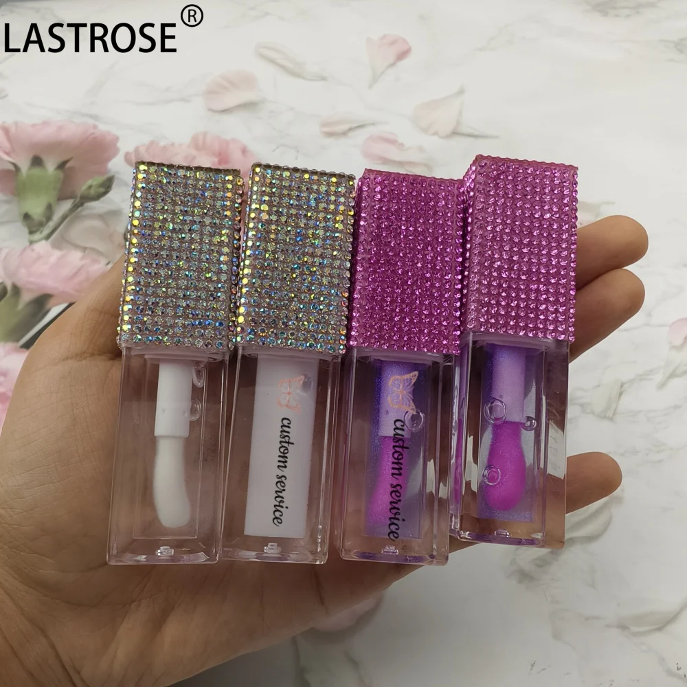 2024 New Big Brush Lip Oil 37 Colors Private Label Shiny Lip Oil Vegan Clear Lip Gloss with Rhinestone Tubes