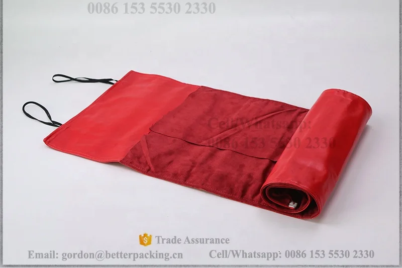 BV095 Elastic Band Fasten Closure Red Leather Outside Suede Flap Cover travel necklace Chain display Jewelry roll