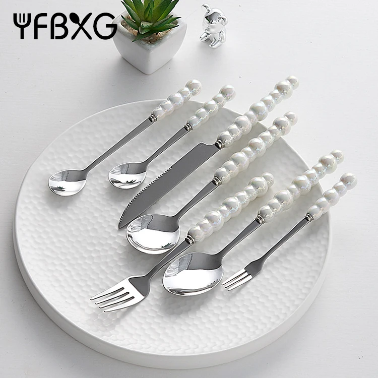 Wholesale new utensils flatware stainless steel cutlery knife fork spoon set with ceramic pearl handle