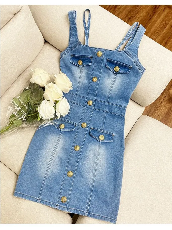 Suspender denim skirt small versatile blue dress sweet hot style high waist vest skirt for women