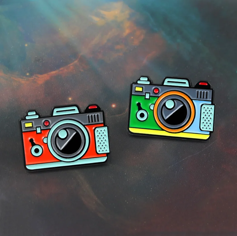 Custom retro photo camera enamel pin manufacture multi color design