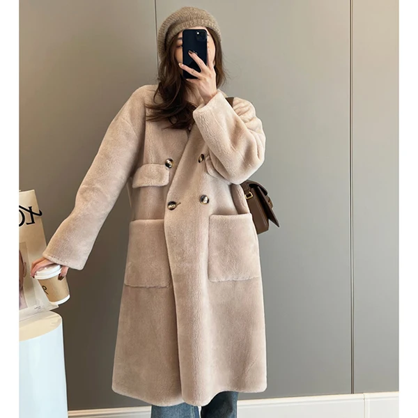 Manufacturer Women V Neck Coat Double Korean Fashion Fur Jacket Woolen Shearing Sheep Fur Loose Fit Winter Long Coat