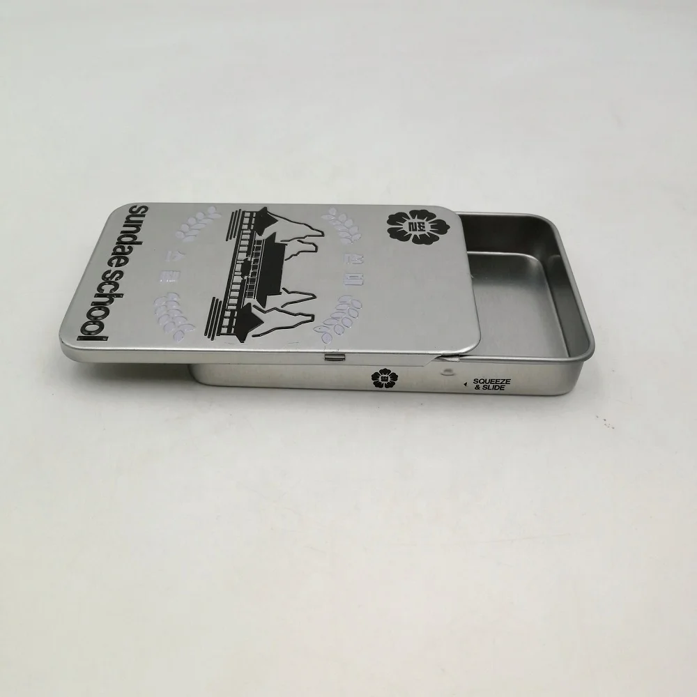 custom rectangle child resistant sliding lid child proof safety click clack tin metal tin box