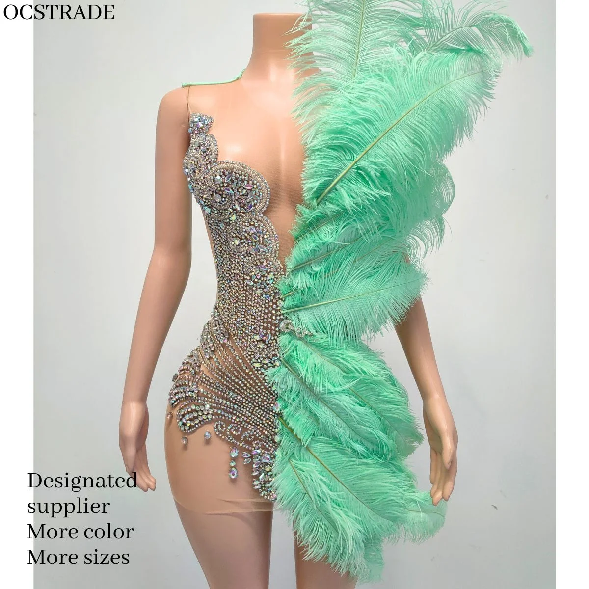 Ocstrade Summer Rhinestone Long Ostrich Feather Bridesmaid Dresses Mint Green Glitter Club Party Dress Performance Wear Ballroom