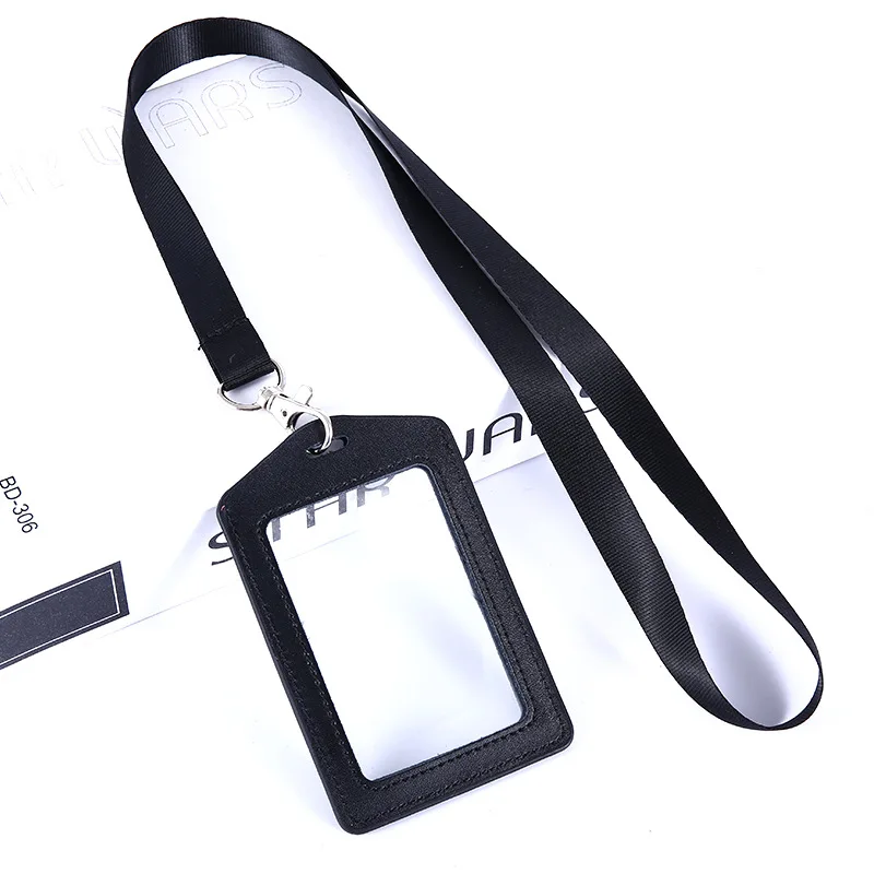 Factory Genuine Leather Double-sided Transparent Work Permit Card Cover ID Badge Bank Card Holder with Nylon Lanyards