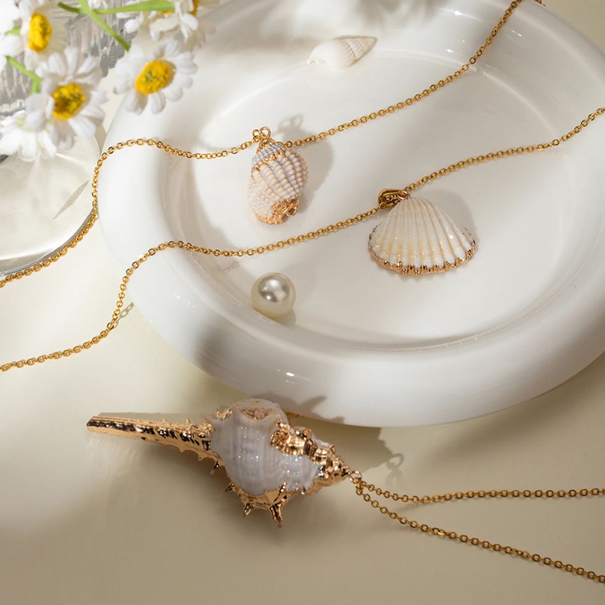 Ocean Charms Necklace 18K PVD Gold Plated Stainless Steel Waterproof  Beach Starfish Shell Necklace For Women