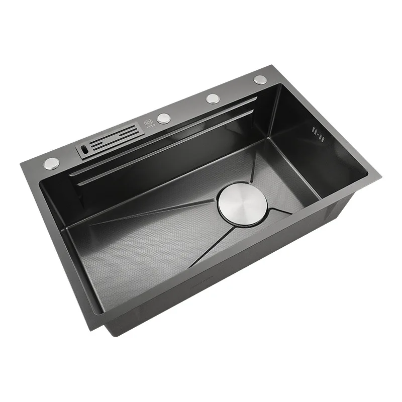 luxury modern draining single bowl 304 stainless steel multifunction kitchen sink black waterfall faucet kitchen sinks