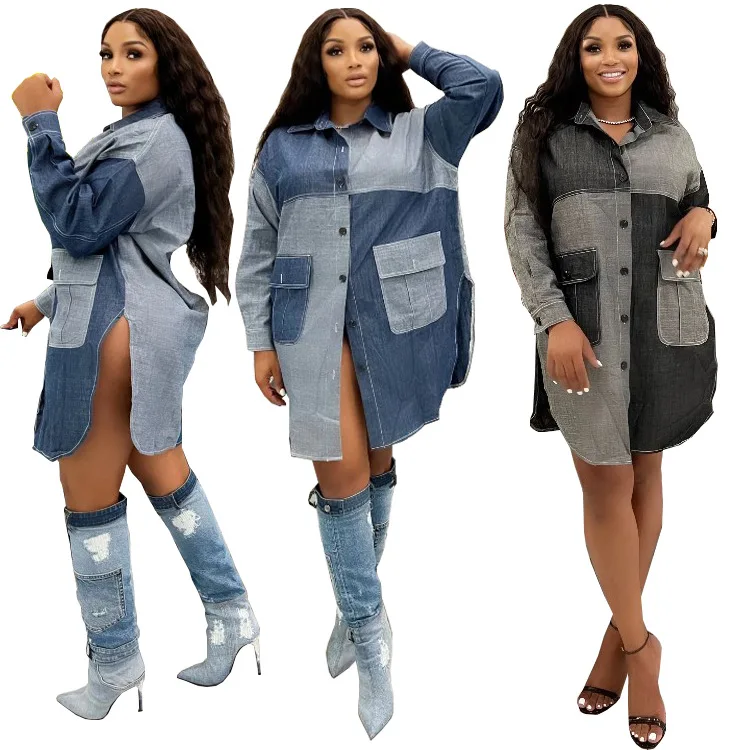 Trendy women clothes 2022 patchwork denim dress long sleeve casual women denim shirt dress