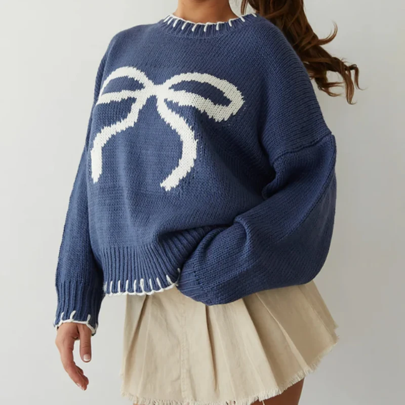 Crewneck Knit Pullover Oversized Slouchy Y2K Sweater Bow Graphic Chunky Knit Sweater Chunky Coquette Sweater