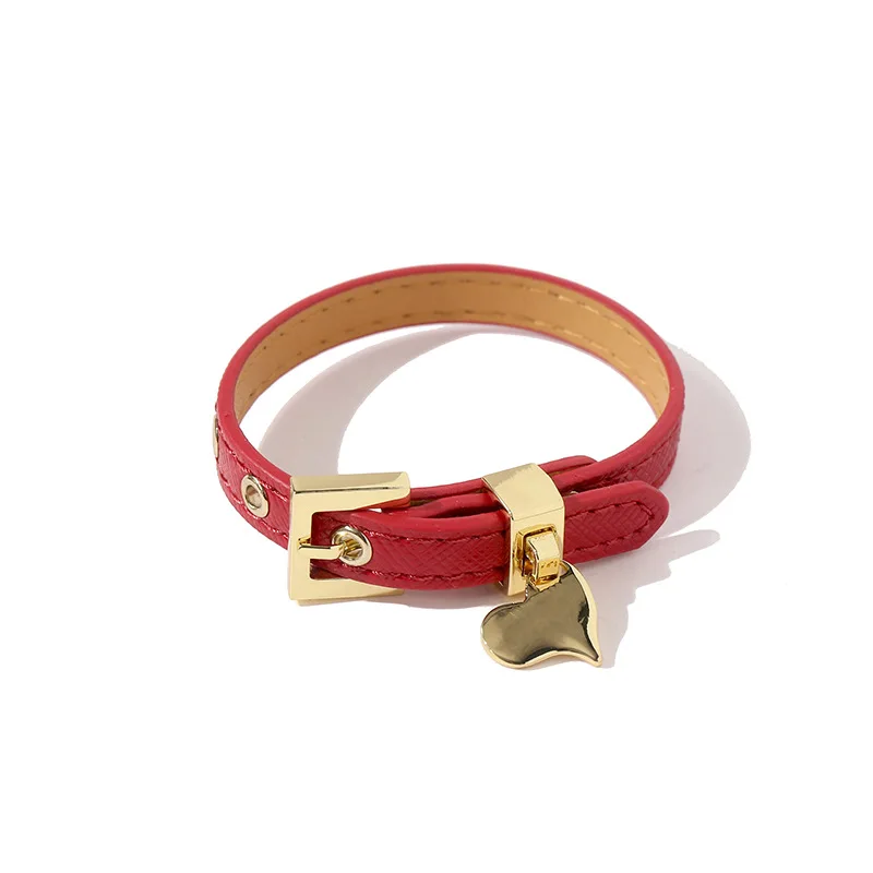 Cool High Quality Cowhide Leather Bracelets 18K Gold Plated Stainless Steel Square Buckle Bead Love Heart Pendant Bracelets