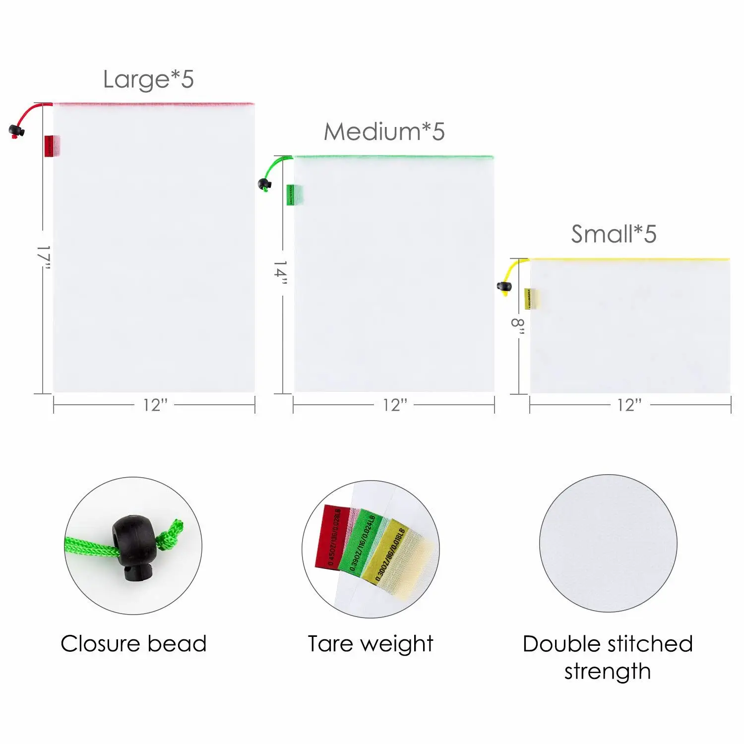 Premium Recycled Polyester Mesh Produce Bags Double-Stitched Strength with Tare Weight on Tags