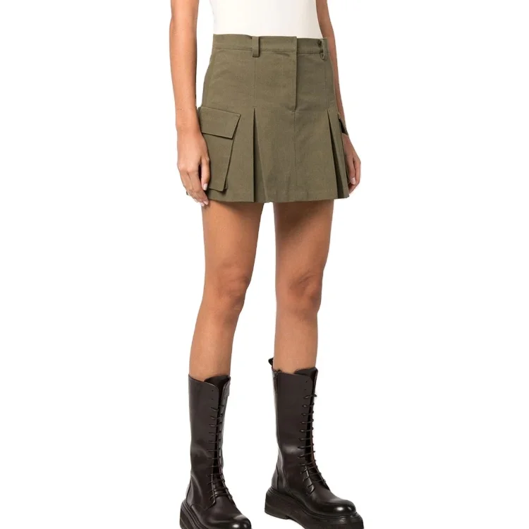 Wholesale Custom Fashion Women High Waist Two Pockets Button Closure Pleated Cargo Mini Skirt