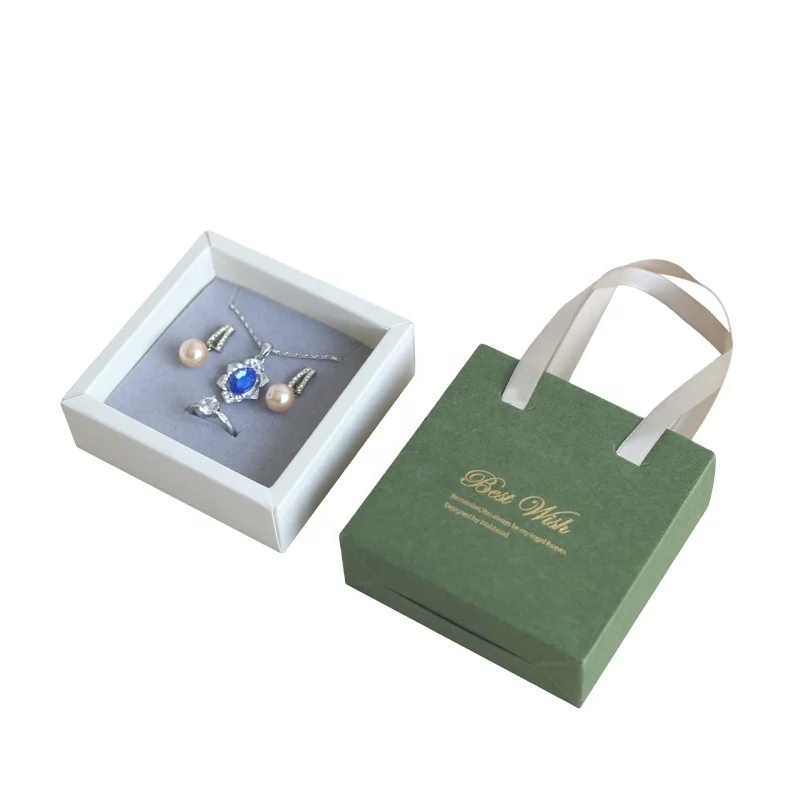 Drawer Design Paper Box Ribbon Carrying Handle Custom Logo High End Gift Packaging Necklace Ring Earring Jewelry Packaging Box