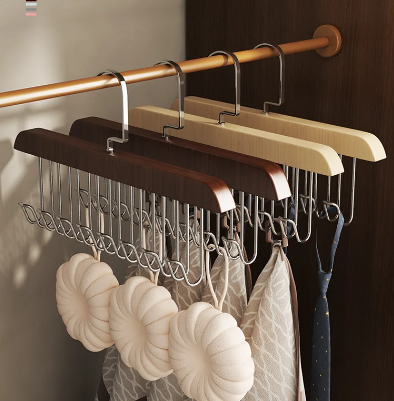 Factory Wholesale Luxury Wood Bra Hanger Coat Bag Belt Vest Bra Sling Pajamas Ties Organizer Hanger With Hooks Wooden Bra Hanger