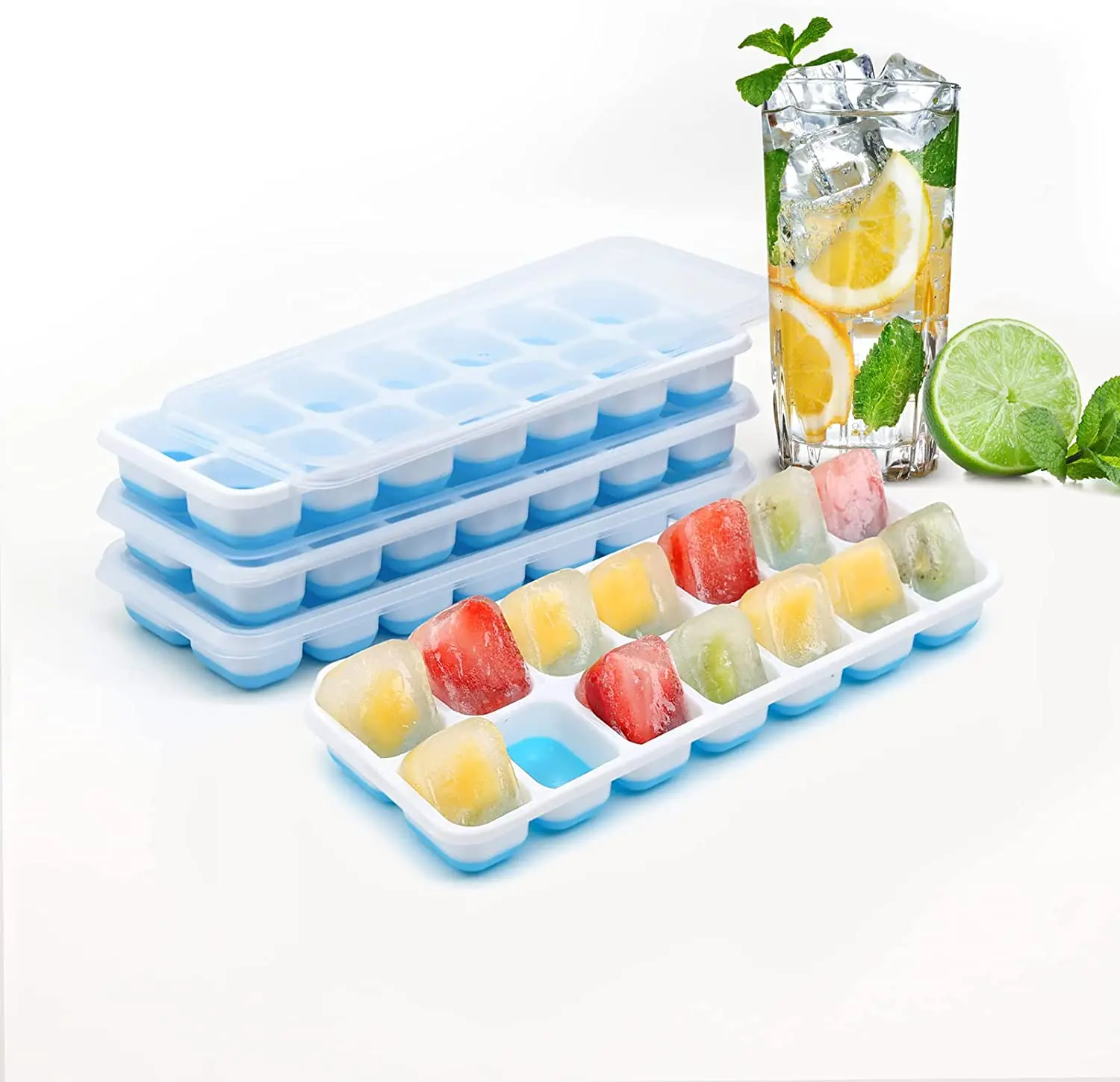 Ice Tray with Lid 4 Pack Reusable Silicone 14-Ice Trays Molds Easy-Release for Chilled Drinks Whiskey and Cocktails