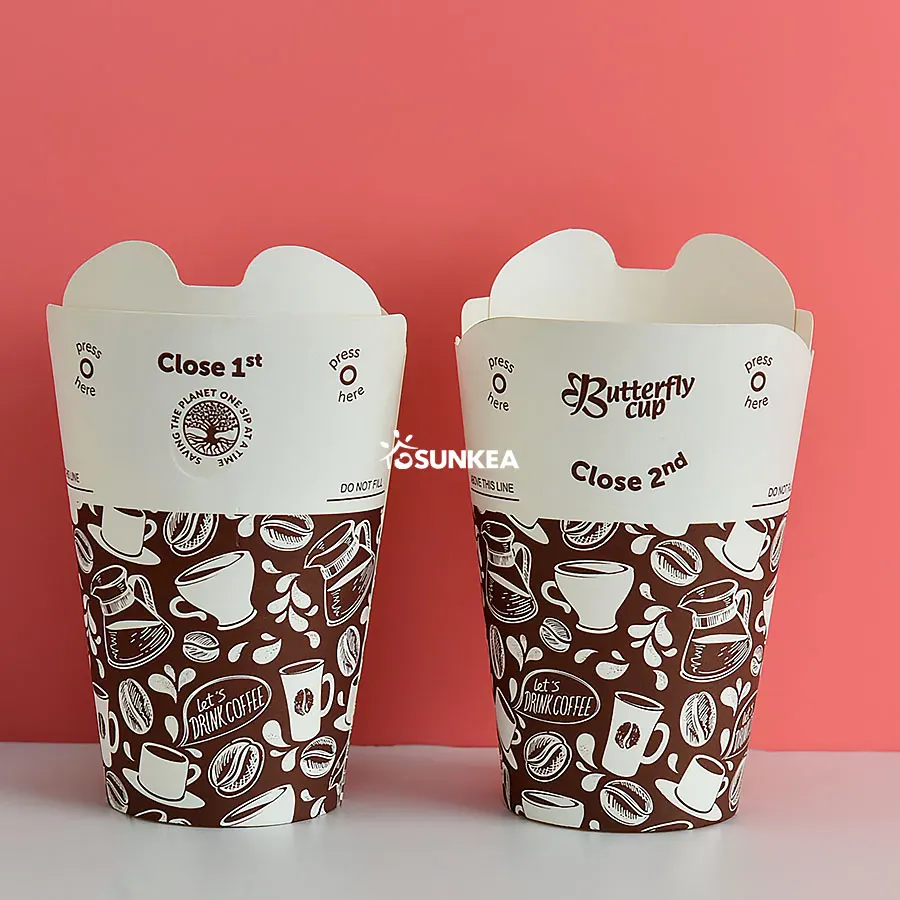 Disposable single and double wall paper cup without extra lid, coffee cup with self cover, butterfly cup