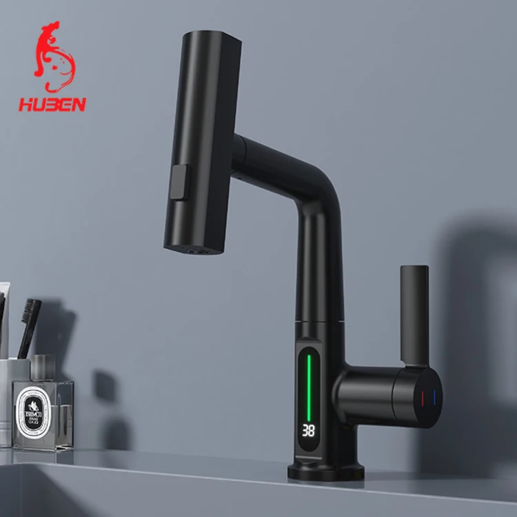 pull wash basin faucet sink tempered glass basin bathroom smart thermostat electronic basin faucet digital with temperature