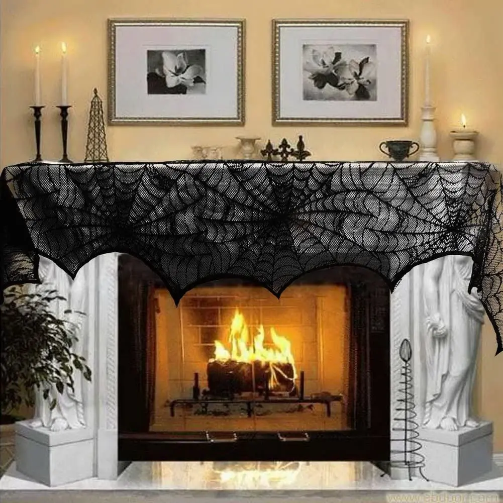 Halloween Decoration 18X96 Inches Black Spiderweb Fireplace Mantle Scarf Lace Cover For Halloween Party Banquet