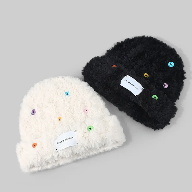 Модная однотонная плюшевая шапка Джокера на заказ, теплая индивидуальная вязаная шапка с пуговицами и ворсом, Зимняя Шапка-бини, вязаная шапка