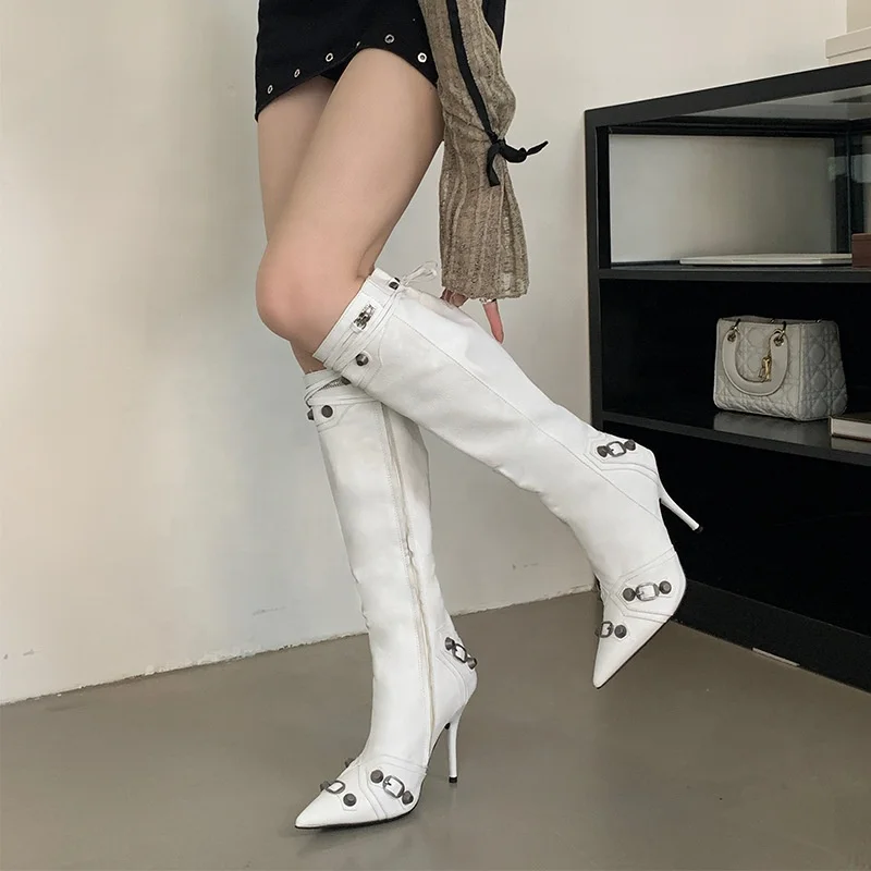 Dropshipping Custom Logo Punk Style StillettoThin High Heels Boots Fashion Women Metal Rivet Knee High Motorcycle Boots Big Size