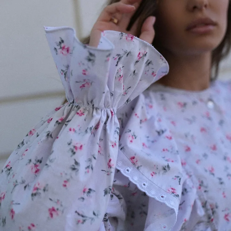 2024 Designs Button Up Lace Trim Ruffle Long Sleeve Short Summer Dresses Beautiful Floral Corset Shirt Dress For Young Ladies