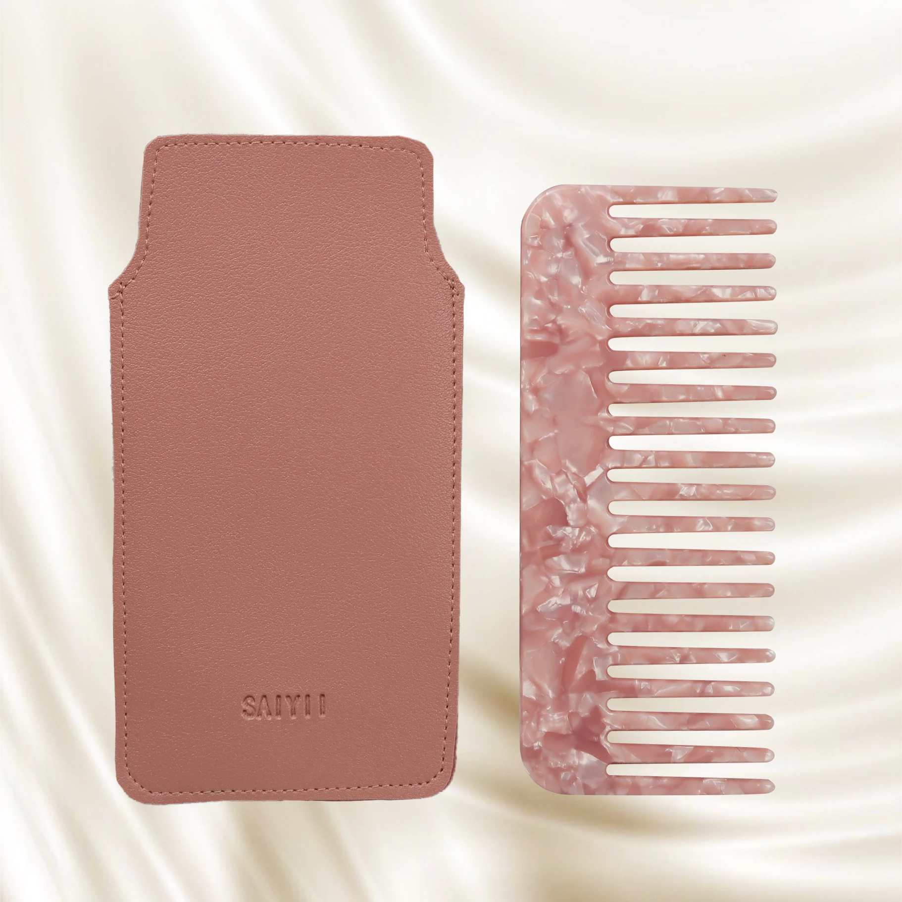 SAIYII Custom Logo 4mm Thickness Cellulose Acetate Hair Comb Wide Tooth Anti Static Acetate Women Hair Comb With Pouch