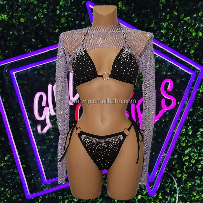 T011 Wholesale Crystal Fishnet Exotic Dancewear Stripper Outfit Sexy Bling See Through Rhinestone Mesh Y2k Crop Top Costumes