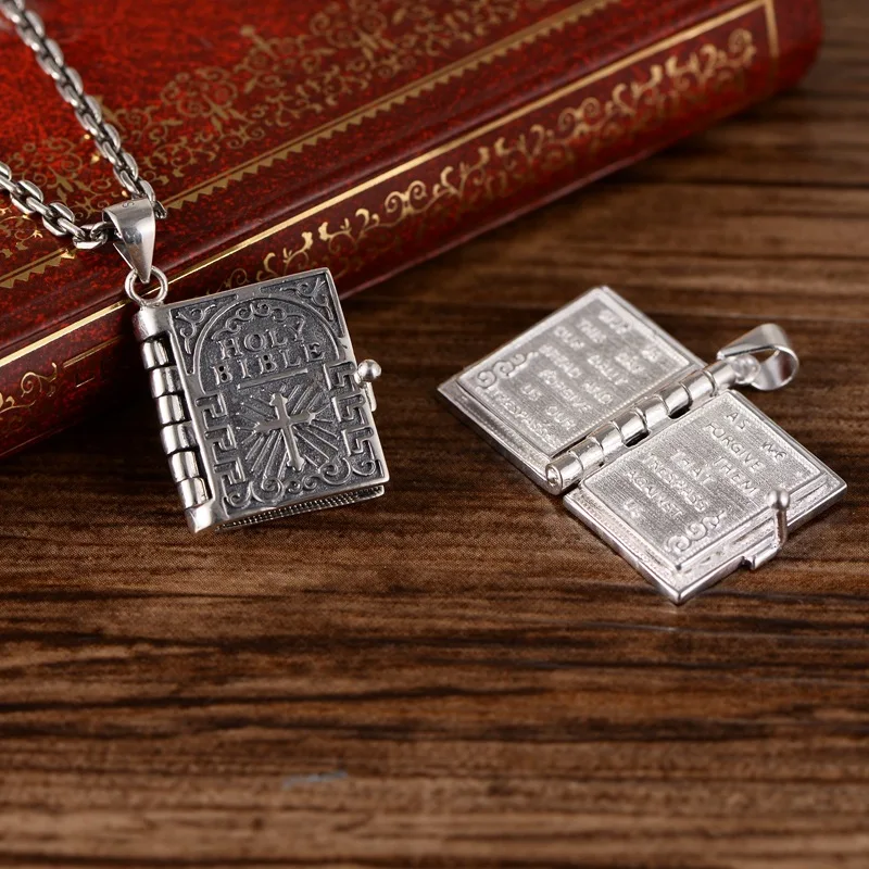 Trendy jewelry 925 sterling silver Vintage Christian Holy Bible Cross Pendant Necklace For Women men