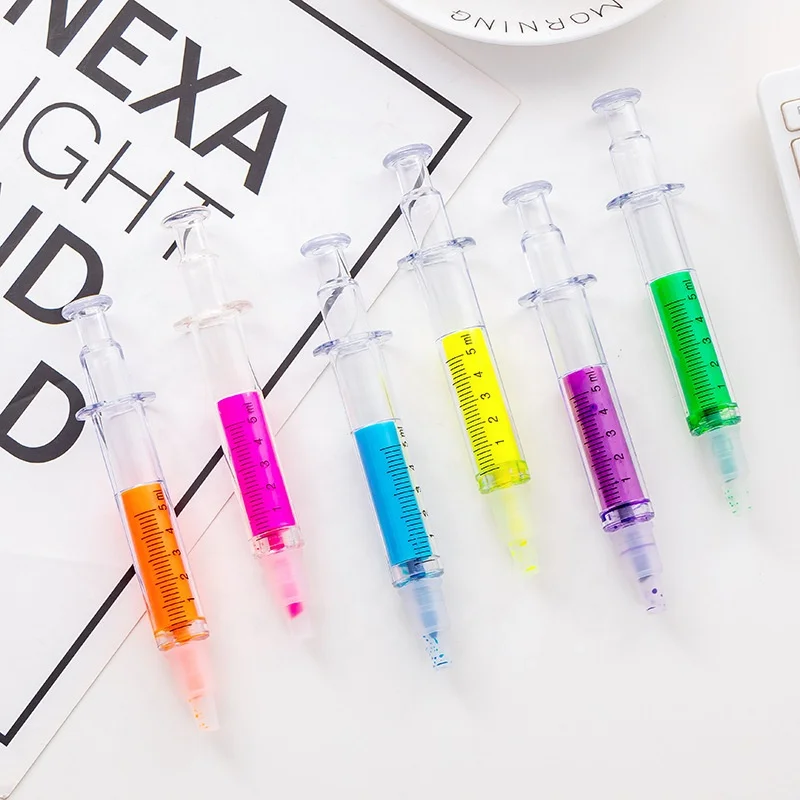 Custom logo Syringe Highlight Pen Cute Kawaii Marker Aesthetic School Supplies Office Nurse Doctor Stationary Needle Syringe Pen