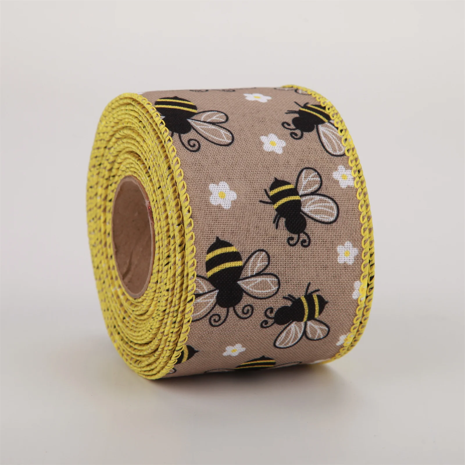 2.5 Inch Wired Ribbon Summer Sunflower  Bumblebee Ribbon Burlap Wired Ribbons For Crafts Wreath Decoration
