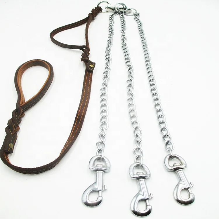 Multi  Lead  Dog Leash  Metal Chain With Leather Handle  for 2 or 3 dogs