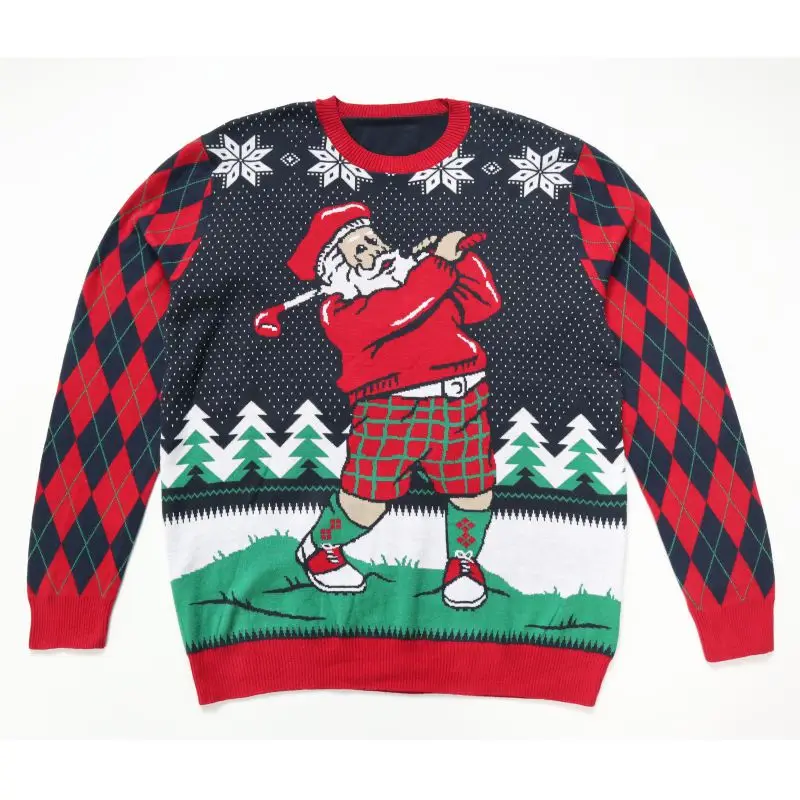 2021 ugly Christmas jacquard sweater funny Santa Claus play golf Winter cardigan