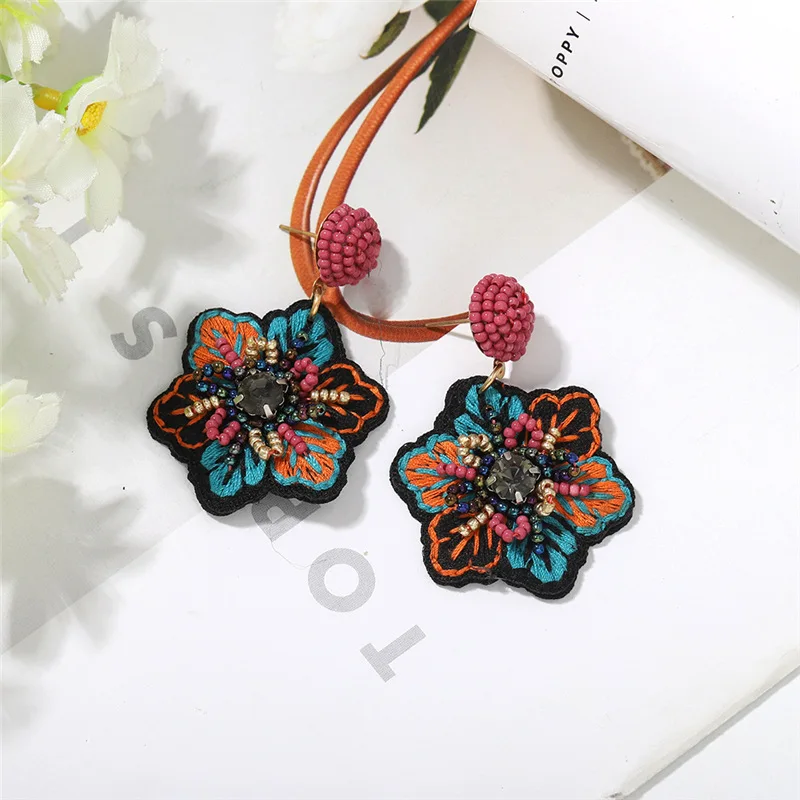 2022 New Design Embroidery Fabric Handmade Rice Bead Earrings Colorful Flower Leaf Handmade Drop Earrings