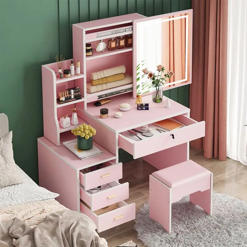 large bedroom furniture set with dresser pink dressing table LED light mirrors