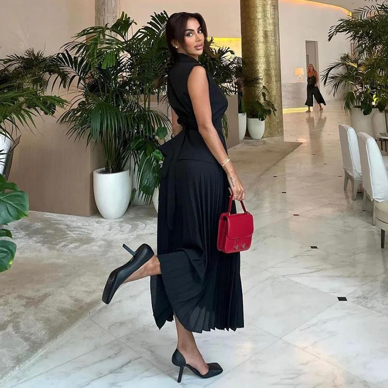 HK7438 Summer Women Long Skirt Set Elegant Lapel Sleeveless Double Breasted Top And Pleated Skirt Set 2 Piece Outfits For Women