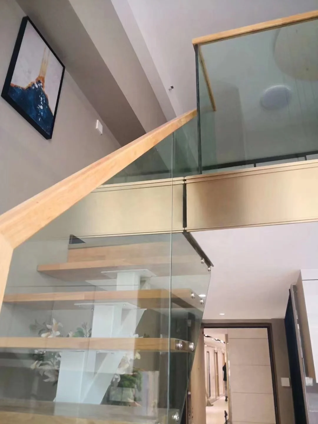 Modern design indoor wooden metal straight U shape steel wood stair double stringer glass dual staircases