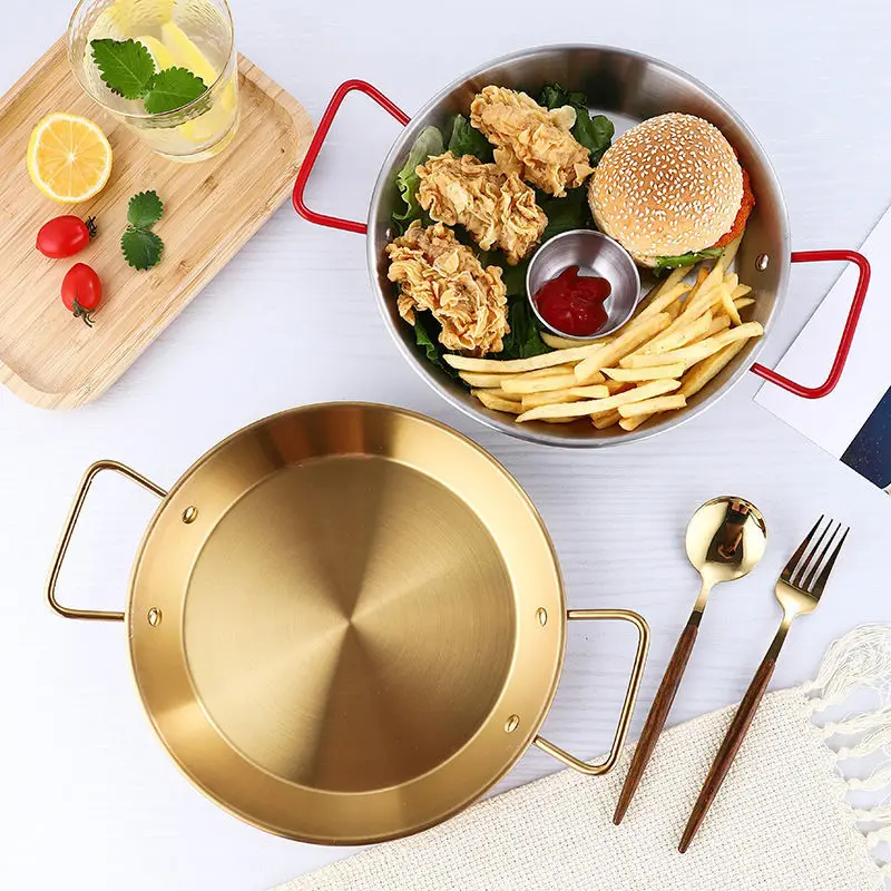 Spanish Stainless Steel Seafood Plate Double Ear Thick Flat-bottomed Pot Fried Chicken Pan Salad Pasta Plate Restaurant Tray