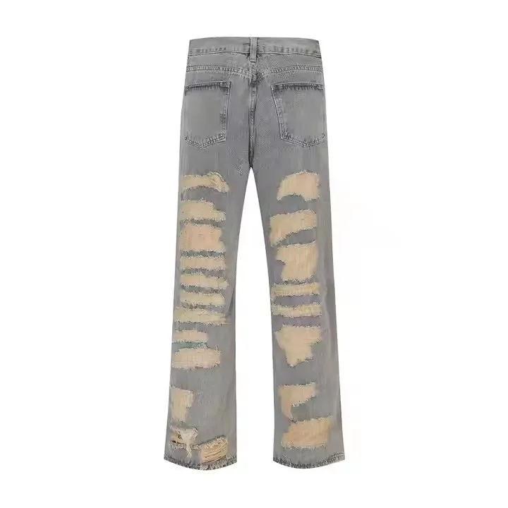 High quality wholesale Customized Embroidery Loose Fit Skinny Jeans Black Denim Pants Plus Size straight baggy  men wide leg