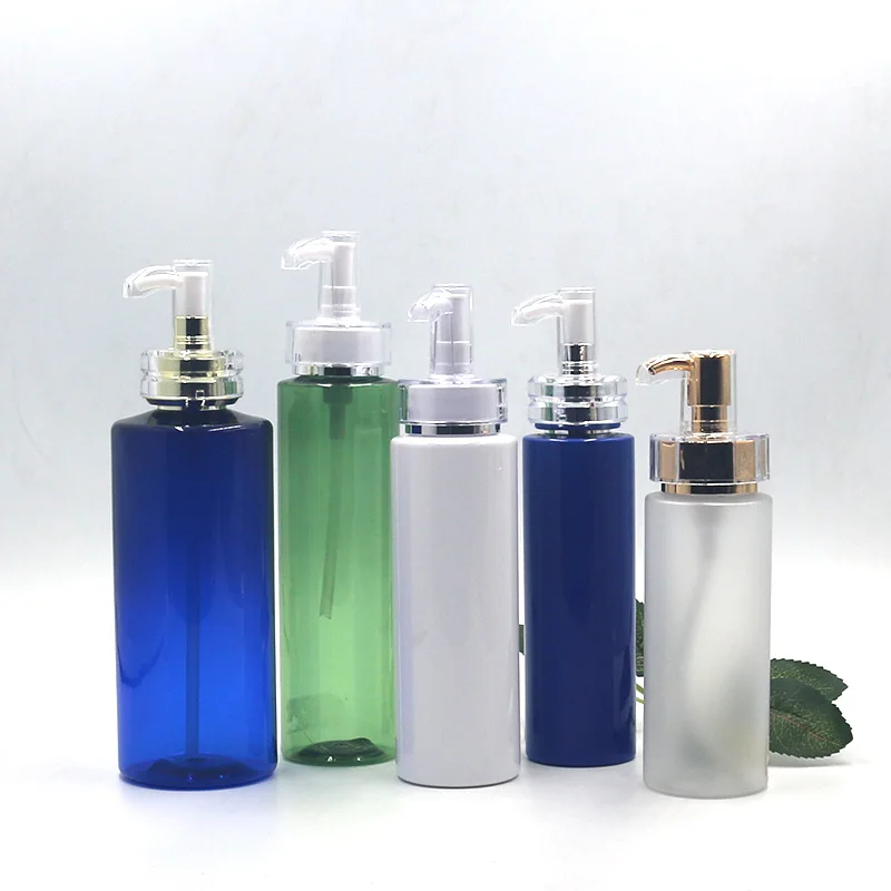 Luxury empty silver line acrylic pump cosmetic packaging round 200ml 235ml 250ml 280ml 400ml white wash lotion pump bottle