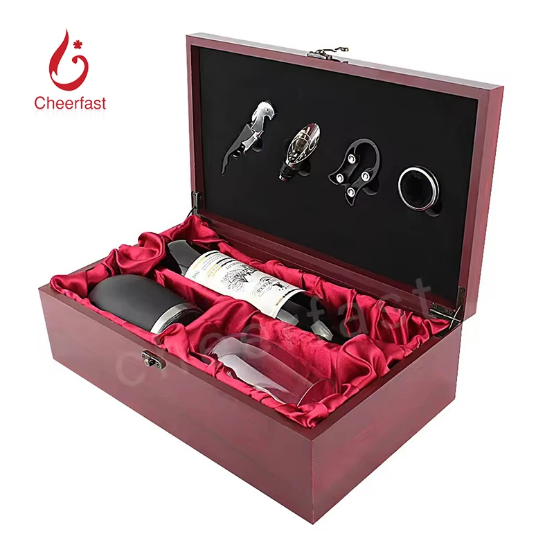 Good Idea Red Wine Double Wood Box Storage Carrying Case And 4pcs Tools Combo Set With Accessories Wine Bottle Wooden Gift Box