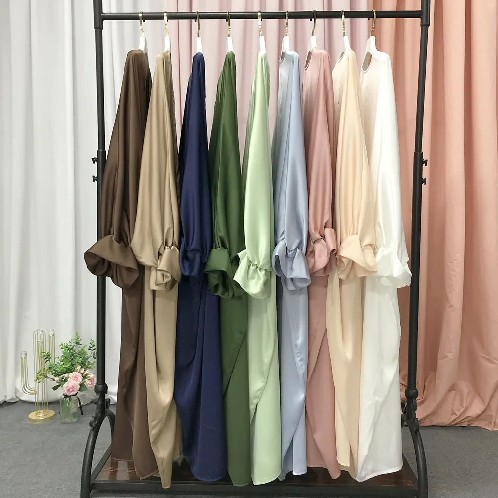 Fashion Puff Sleeve Islamic Cardigan Robe Abaya Muslim Elegant Satin Solid Color kimono Abaya Dubai