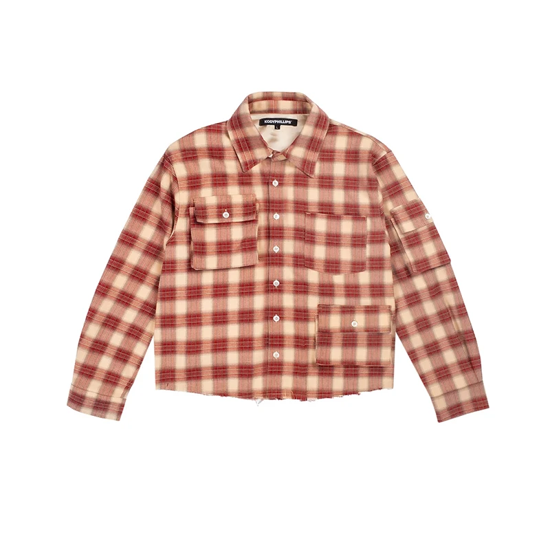OEM custom slightly cropped multi cargo pockets plaid soft cotton flannel fashion shirts men