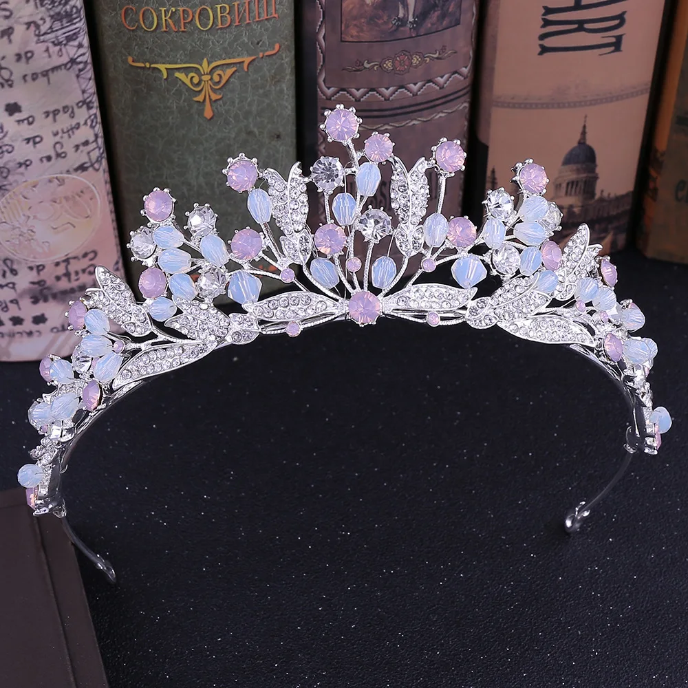 RS152 Wholesale Crystal Rhinestone Handmade Tiara Pink Old Brass Color Queen Gold and Silver Plated  Crown For Bridal Headpiece