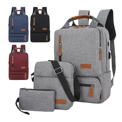 2020 new design England style factory cheap wholesale 3PCS 3 in 1 USB charging school laptop backpack pencil sling set bag
