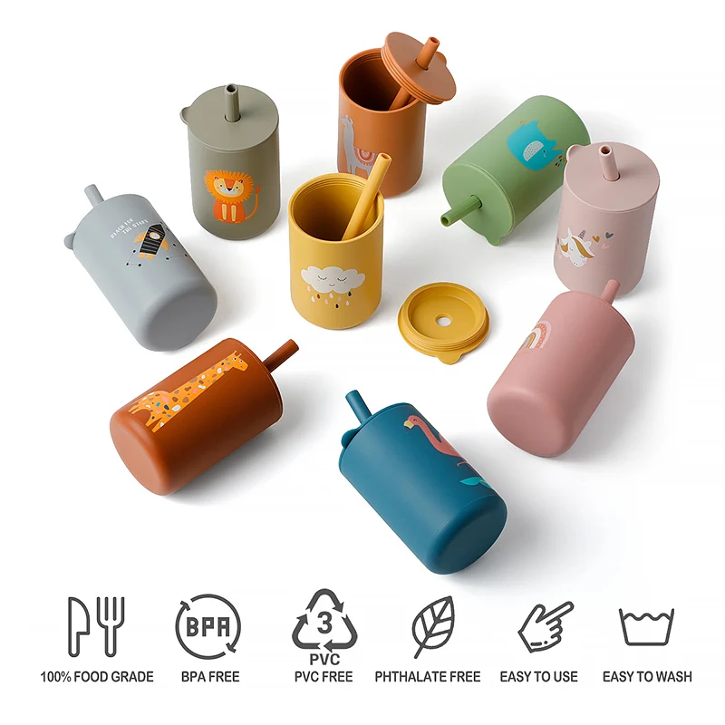 Hot Selling Flamingo Animal Food Grade Silicone Baby Cup Drinking Water Toddlers Straw Kids Sippy Cup For Baby Silicone Cups