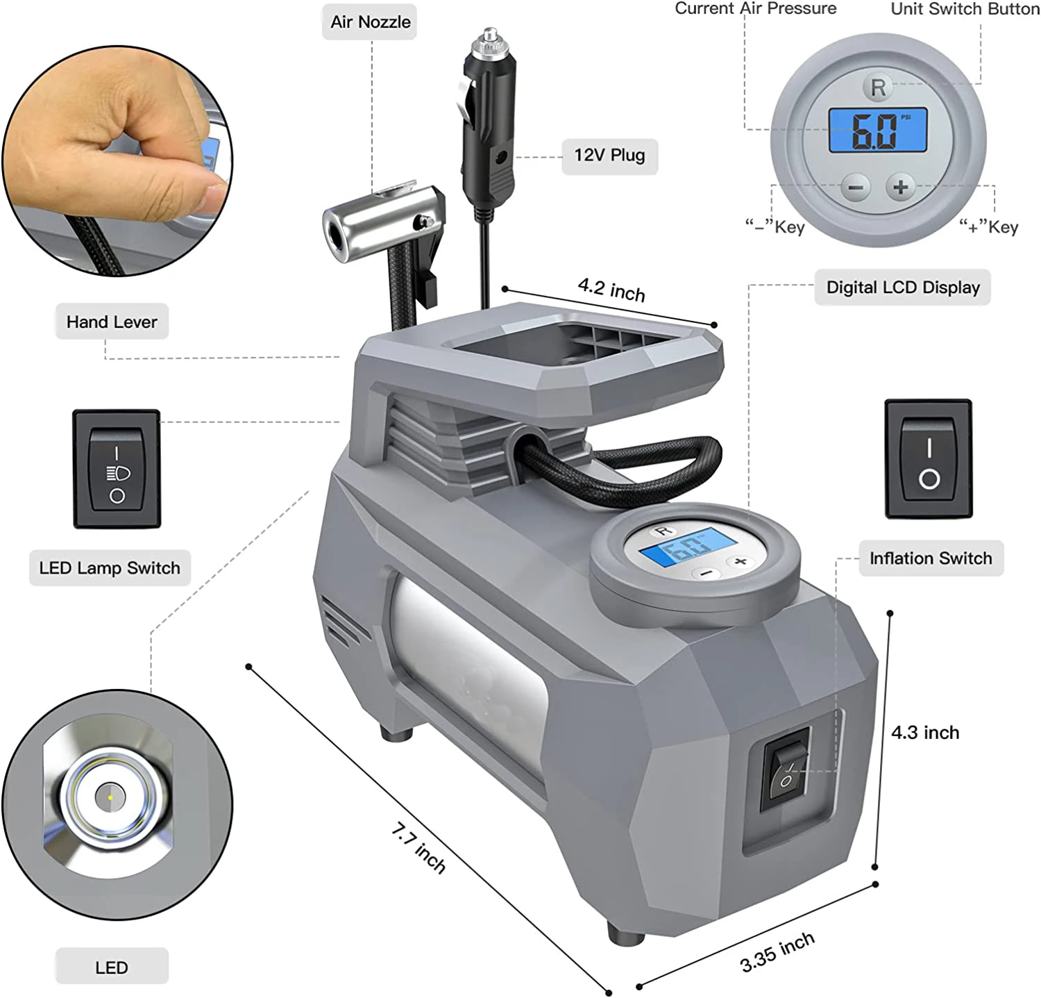 12V tyre inflator Air Pump Portable Car Air Compressor 150 PSI with Emergency LED Light for Car Motorcycle Bicycle