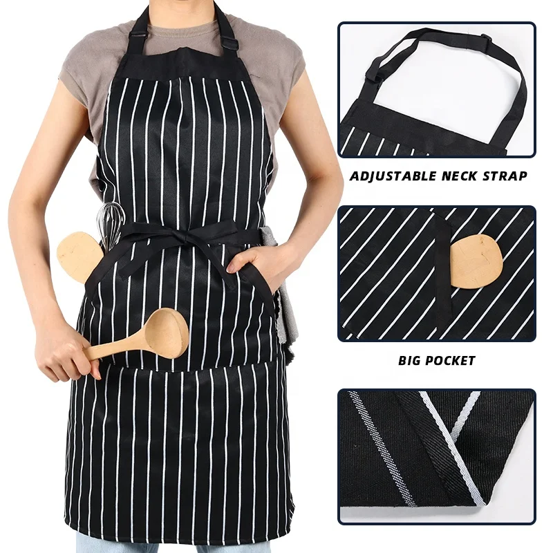 CHANGRONG Promotional Women Men Black Adjustable White Pinstripe cotton Painting Cooking Kitchen Bib Apron