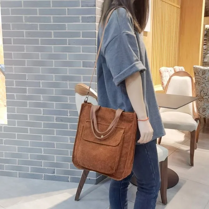 Wholesale Large Capacity Women Crossbody Fashion Handbag Brown Corduroy Tote Bag