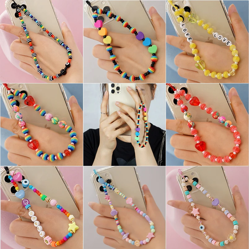 Trending Products 2022 Phone Case Chain Wristlet Cord Colorful Wrist Cell Phone Chain Thick Green Beaded Phone Charm Flatback